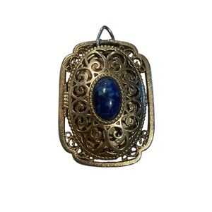 Vintage 1973 Avon Yesteryear Picture Locket Filigree Necklace, Faux Lapis Stone